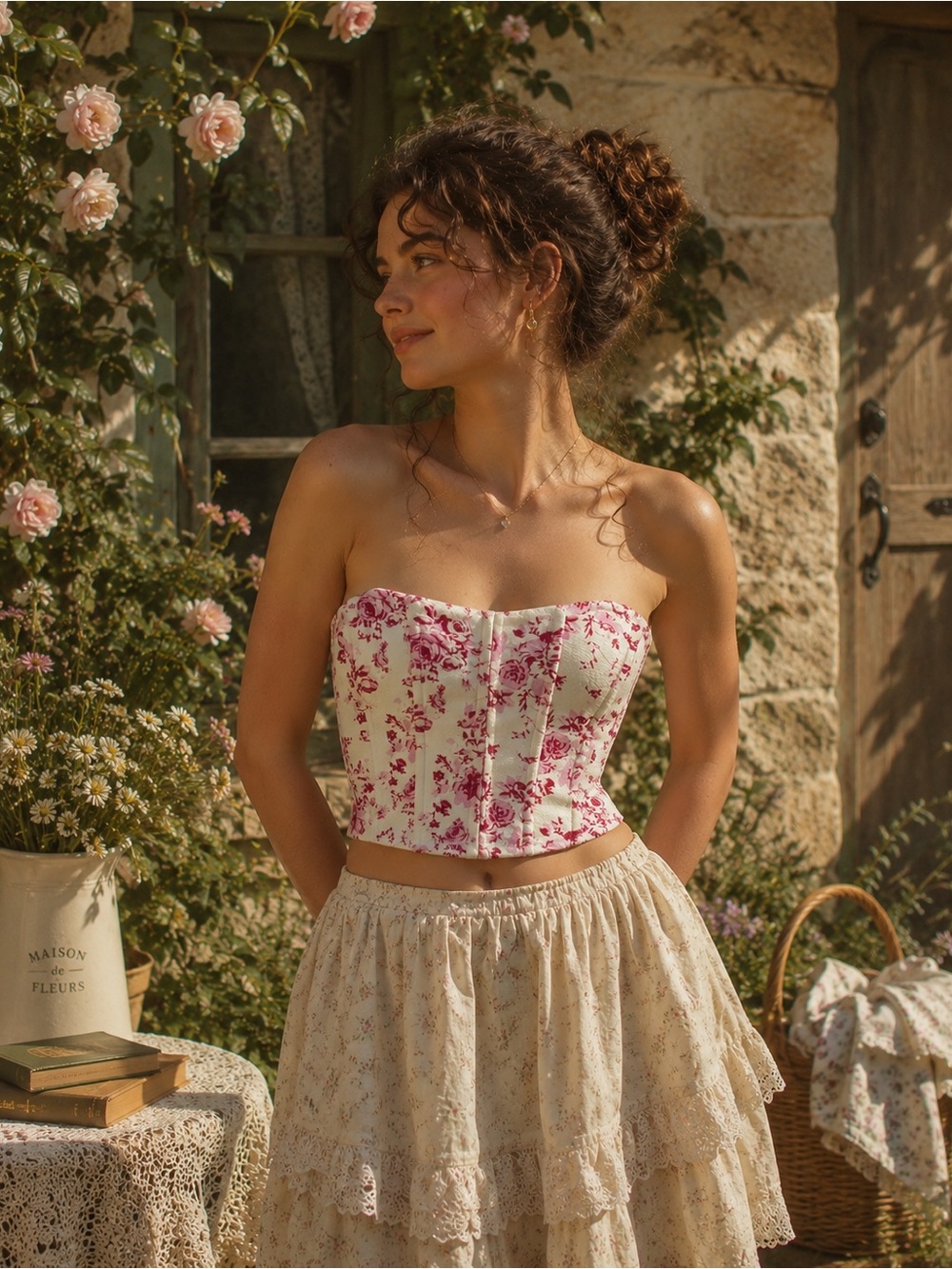 Cottagecore Floral Corset  Pink & White Strapless Bustier Romantic Coquette top